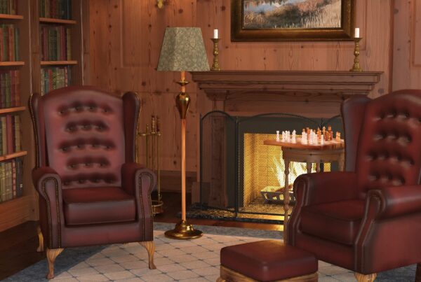 Fireplace with a custom-built bookshelf mantel.